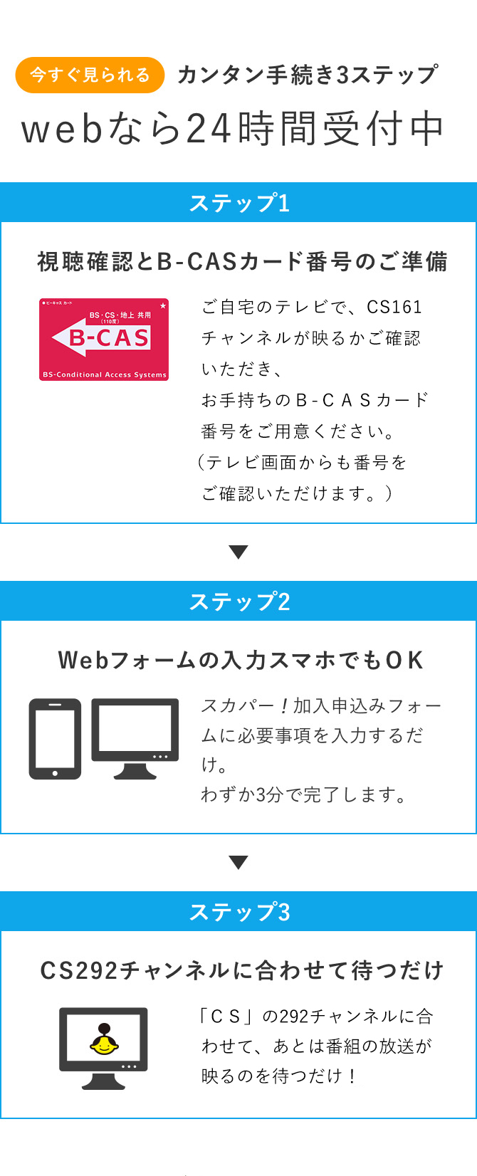 今すぐ見られるカンタン手続き3ステップ webなら24時間受付中 ステップ1:視聴確認とB-CASカード番号のご準備/ステップ2:Webフォームの入力 スマホでもOK/ステップ3:CS292チャンネルに合わせて待つだけ